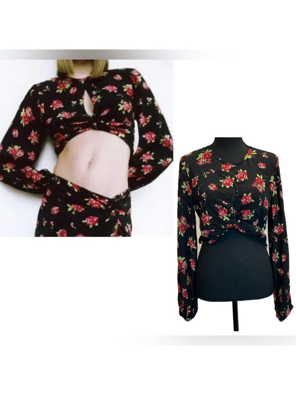 Zara black red flower floral print front twist peep hole long sleeve blouse top